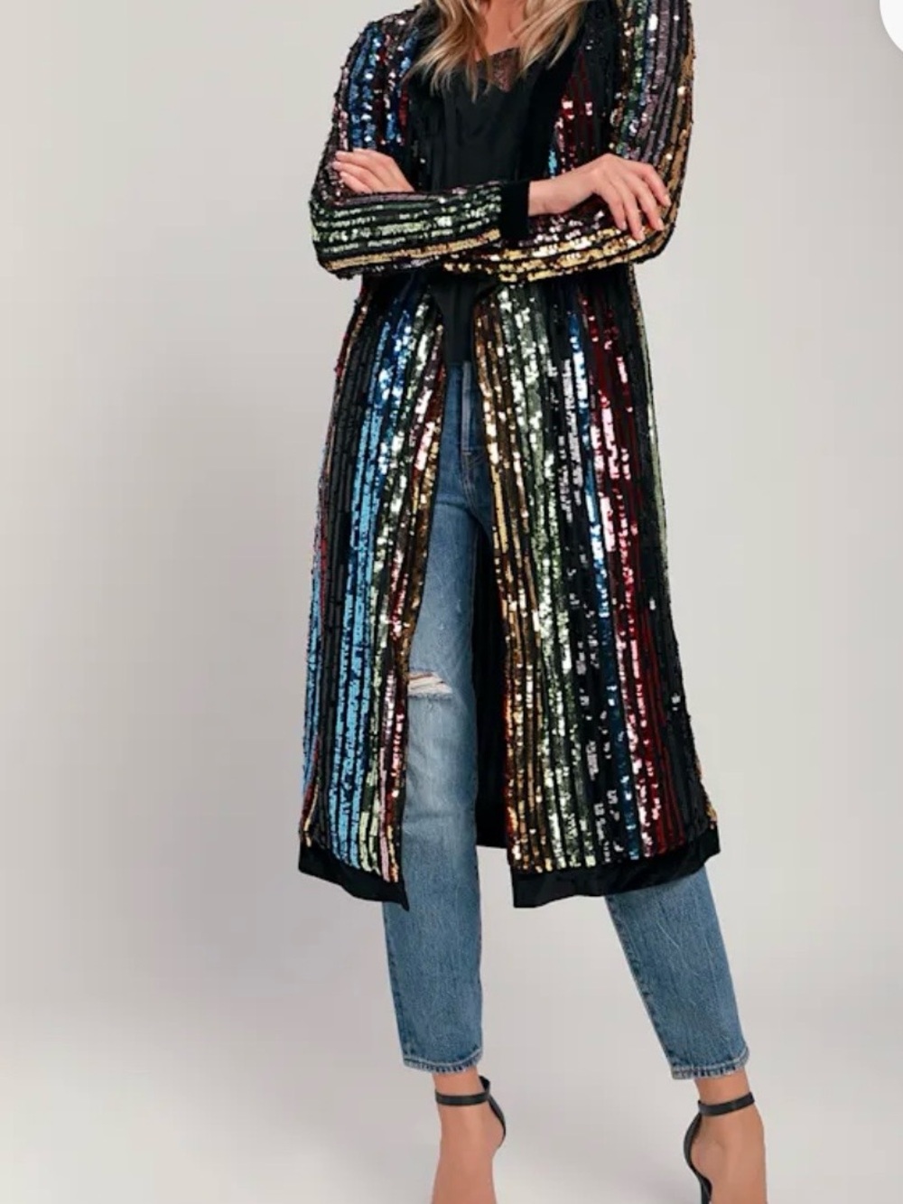 Pretty pretty prismatic rainbow striped sequin midi robe dress